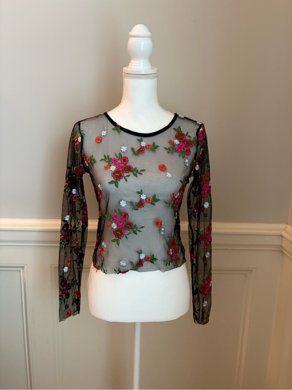 Kimchi Blu Floral Embroidered Sheer Mesh Long-Sleeve Top